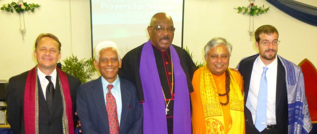 Just after the interfaith prayers for Mandela’s recovery, from left to right are: Trey Ligon, Muhammed A. Quddus, Luther J. DuPree Junior, Rajan Zed, and Daniel R. Sanchez.